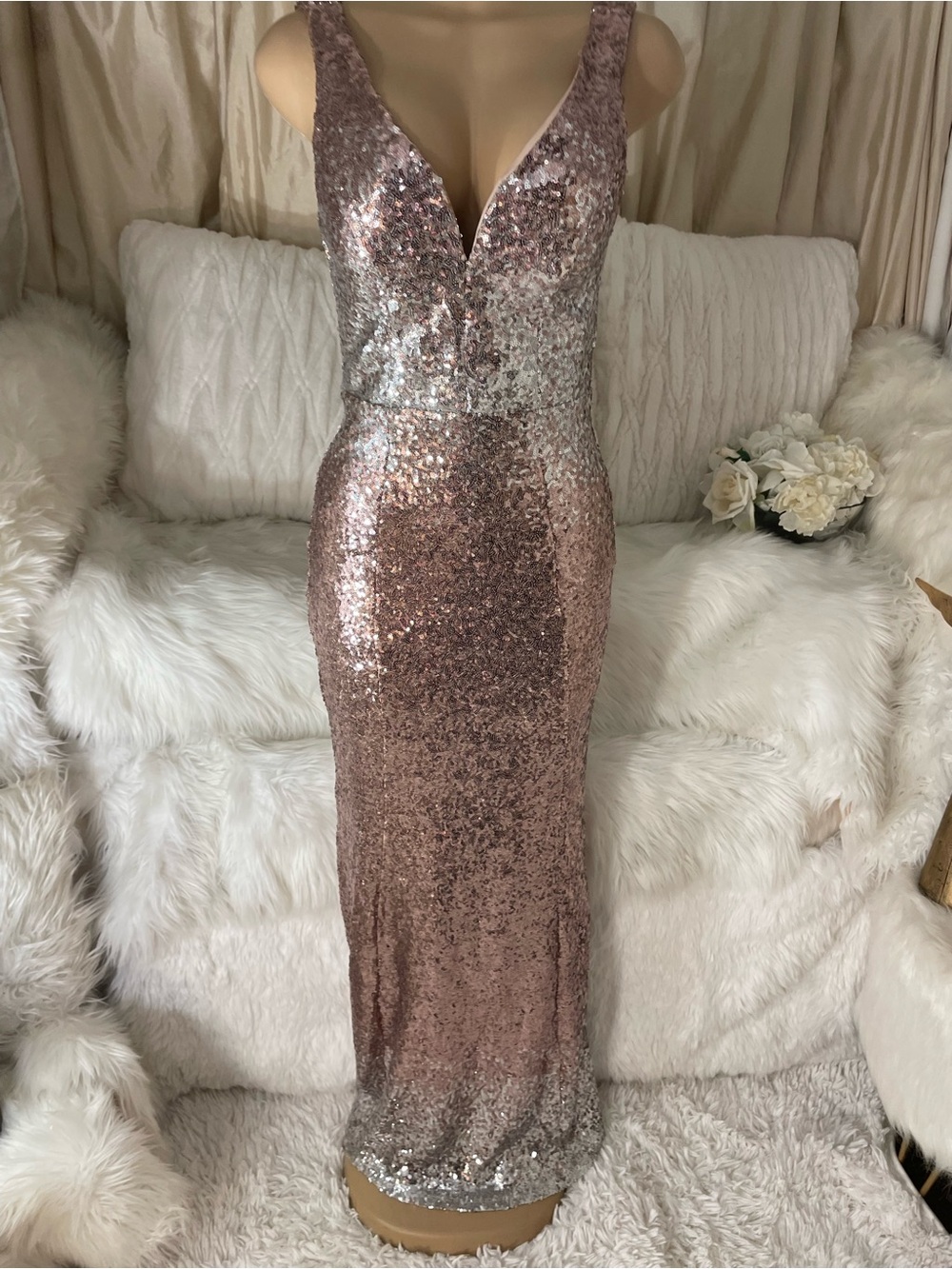 Crystal Doll Rose Gold Sequin Maxi Evening/Prom Gown